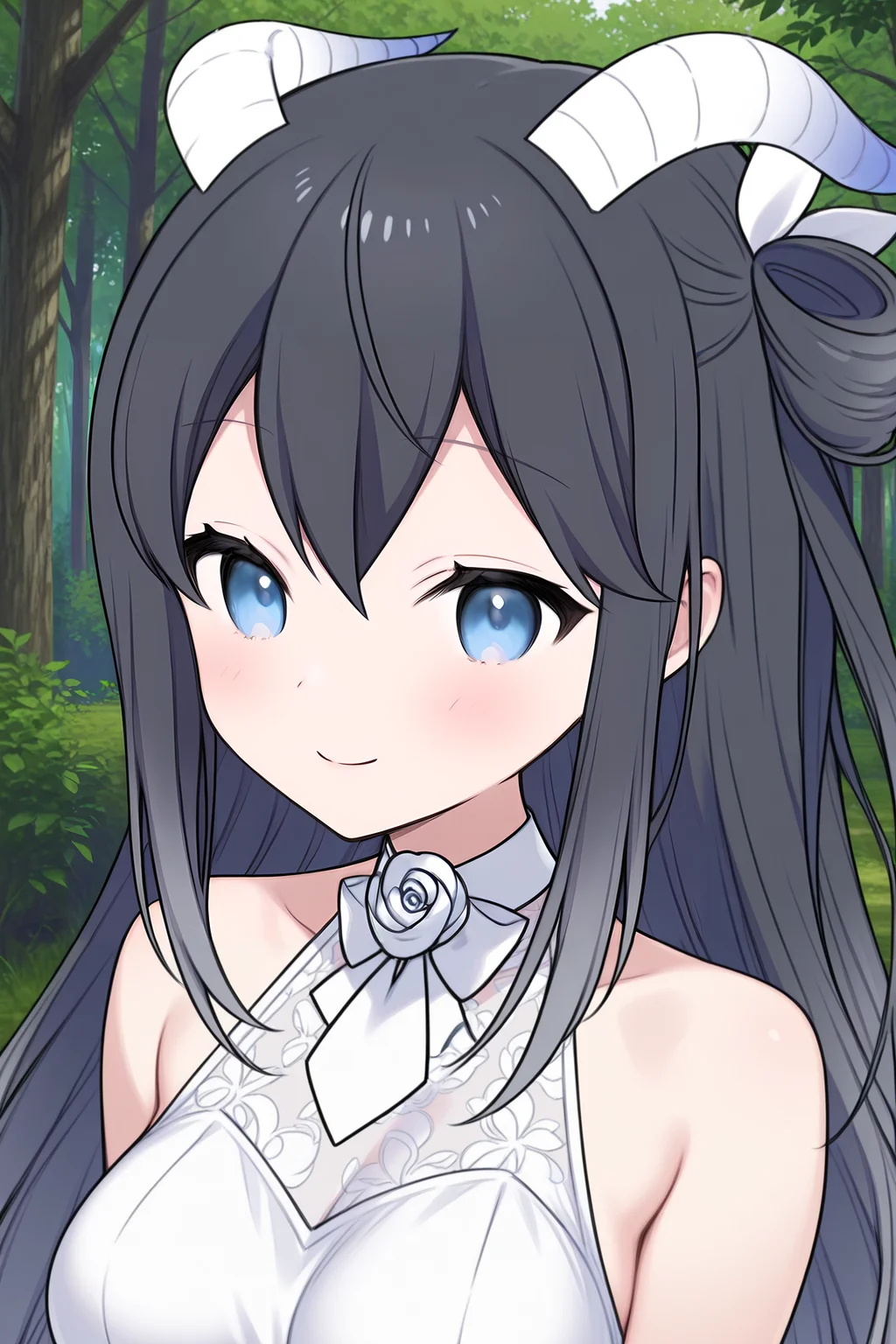 masterpiece,best quality,amazing quality, CesarPinessVTILXL, blue eyes, black hair, long hair, hair between eyes, white horns, white ribbon, ribbon hair, medium breasts, white rose, white necktie, white dress, sleeveless, white skirt, white thighhighs, , solo, front view, (portrait, upper body), solo focus, seductive smile, looking at viewer, forest, tree <lora:CesarPinessVTILXL:1>