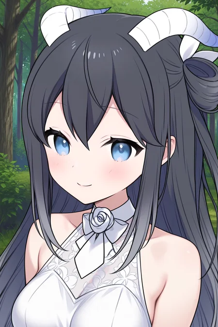 masterpiece,best quality,amazing quality, CesarPinessVTILXL, blue eyes, black hair, long hair, hair between eyes, white horns, white ribbon, ribbon hair, medium breasts, white rose, white necktie, white dress, sleeveless, white skirt, white thighhighs, , solo, front view, (portrait, upper body), solo focus, seductive smile, looking at viewer, forest, tree <lora:CesarPinessVTILXL:1>