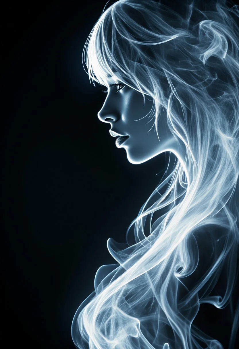 Silhouette Art, magnificent. ethereal female goddess, long hair, bangs, made_of_smoke, sexy, translucent, ethereal, coalescing from wisps of smoke, closeup portrait, dark background