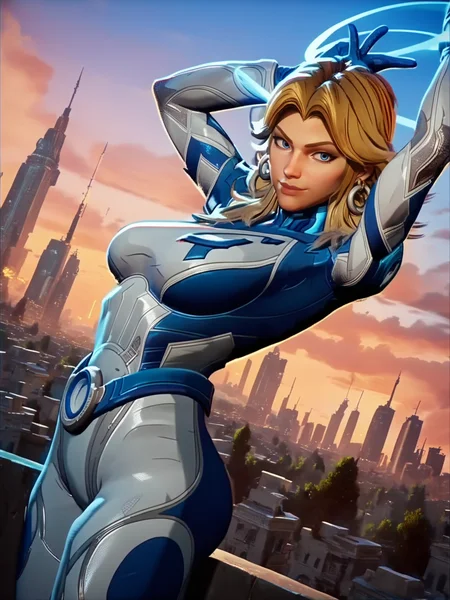 score_9, score_8_up, score_7_up, 1girl, dynamic pose, cowboy shot, looking at viewer, sexy pose, sexually suggestive, smile, dutch angle, city, detailed landscape,, arms up, v, energy around, 
<lora:ASueStorm_character:0.85>, SueStormXL, blonde hair, blue eyes, earrings, bodysuit, gloves, (screencap:1.1)