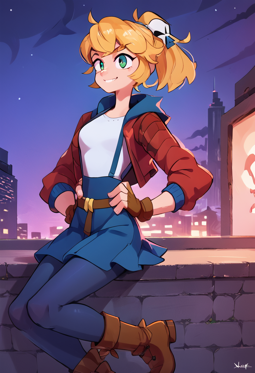 score_9, score_8_up, score_7_up, score_6_up, source anime,nsfw, expressive, perfect face, detailed eyes, Cadence_Rift, solo, skirt, blonde hair, shirt, hair ornament (skull), gloves, green eyes, jacket, suspenders, ponytail, pantyhose, boots, open clothes, belt, hood, fingerless gloves, open jacket, blue skirt, brown footwear, red jacket, brown gloves, hand on hips, smile, sitting on a wall, night-time, skyline background, <lora:OtherStyle_03:1> <lora:Cadence_Rift_XL-07:1>