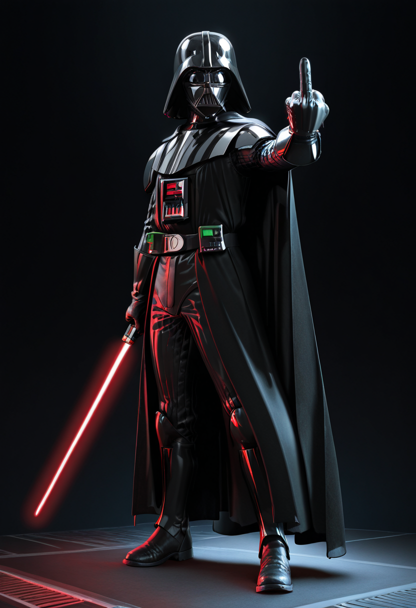 newest, masterpiece, best quality, 4k,ultra detail,
black background, very aesthetic, detailed background, full body,
1boy, solo,  <lora:Darth Vader:1> vad3r, helmet, hood, cape, gloves, armor, weapon, energy sword,red lightsaber, holding lightsaber, middle finger, outstretched arm