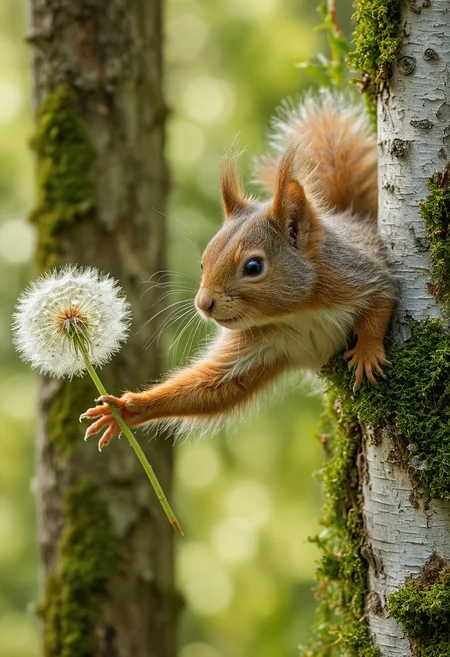 An adorable fluffy greyish-red squirrel stretches from a birch tree trunk, reaching out to touch a delicate white dandelion seed head, against a soft-focus green background, a gentle interaction of wildlife, <lora:MJ52:0.4>, <lora:SDXLFaeTastic2400:0.3>