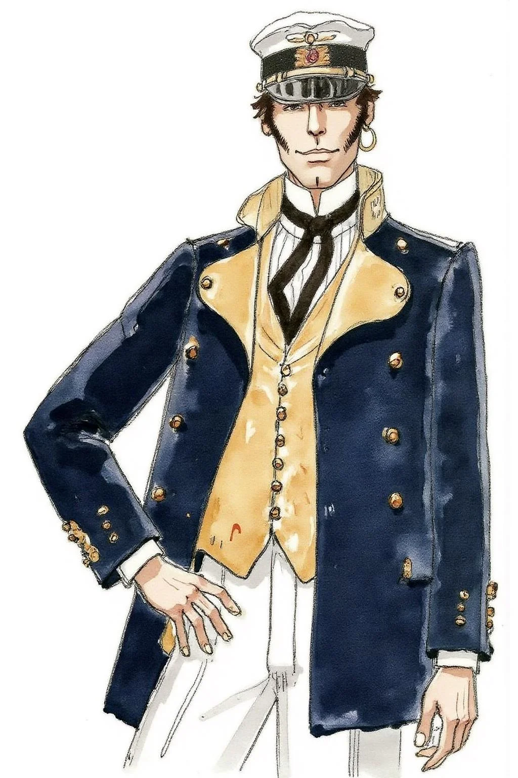 hugop1 illustration.
Watercolor illustration depicting a man in a naval uniform. He is standing confidently, with a slight smile on his face. He is wearing a dark navy blue coat with gold buttons, a high collar, and a waistcoat visible underneath. He is wearing a single earrings. <lora:hugop1_cap_d6a3e12:1.0><lora:824369026575864204:0>