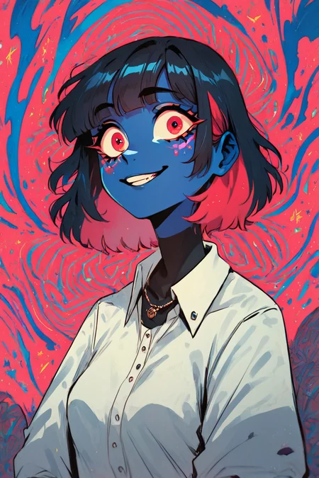 score_9, score_8_up, score_8, medium breasts, (curvy), cute, eyelashes, BREAK, , BREAK, 1girl, solo, looking_at_viewer, smile, short_hair, bangs, shirt, black_hair, red_eyes, long_sleeves, jewelry, upper_body, collared_shirt, blunt_bangs, necklace, grin, black_shirt, colored_skin, bob_cut, red_background, multicolored_eyes, colorful, <lora:NebulaNoir:1.0>, , BREAK, smile, looking at viewer, cowboy shot, embedding:zPDXL, Expressiveh, <lora:SDXLFaeTastic2400:0.5>, <lora:Expressive_H-000001:0.4>,