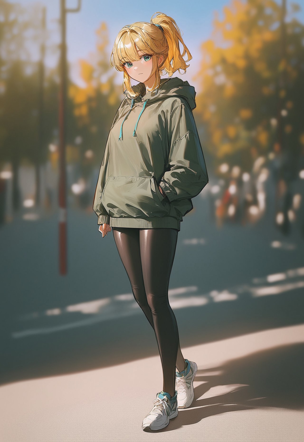 Score_9, score_8_up, score_7_up, score_6_up, score_5_up, score_4_up, 
((Best Quality)) (masterpiece) (details), shiny skin, 1girl, 
High ponytail, blonde hair, hoodie, leggings, outdoors, mature female, beautiful detailed face and eyes, cute face, bangs long bangs, sport wear, Art8st, color theory, medium length face framing layers with bangs, tight clothes, depth of field, sneakers, 