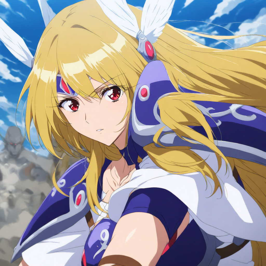 solo,looking at viewer,masterpiece,high score,great score,absurdres,anime coloring,armor,<lora:Valkyrie ag4o:1> valkyrie, blonde hair, long hair, red eyes,