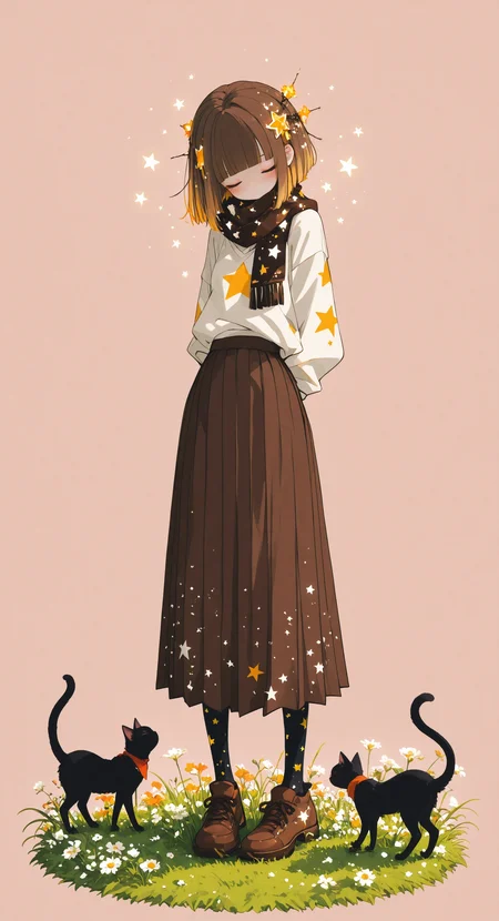 masterpiece, best quality, amazing quality, 1girl, solo, blush, short hair, simple background, skirt, blonde hair, brown hair, hair ornament, standing, full body, closed eyes, flower, pantyhose, pleated skirt, shoes, blunt bangs, star \(symbol\), scarf, animal, brown footwear, arms behind back, cat, grass, long skirt, brown skirt, star hair ornament, no nose, star print, black cat <lora:noobai_ep11_stabilizer_v0.138_fp16:0.3> <lora:ppw_v7_noobVv1.0:0.5> <lora:XXX667:0.5> <lora:lpc_v10:0.4> <lora:CrypticHue:1>