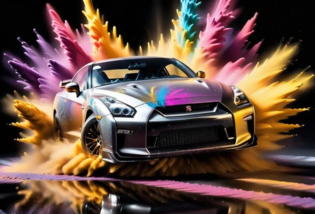 GOLD LIQUID METAL Nissan GT-R, race car, racing through jumps through SILVER LIQUID METAL water, sprays up from the cars tyres, Car drifting in a black void, huge Colorful Powder Explosion above the car