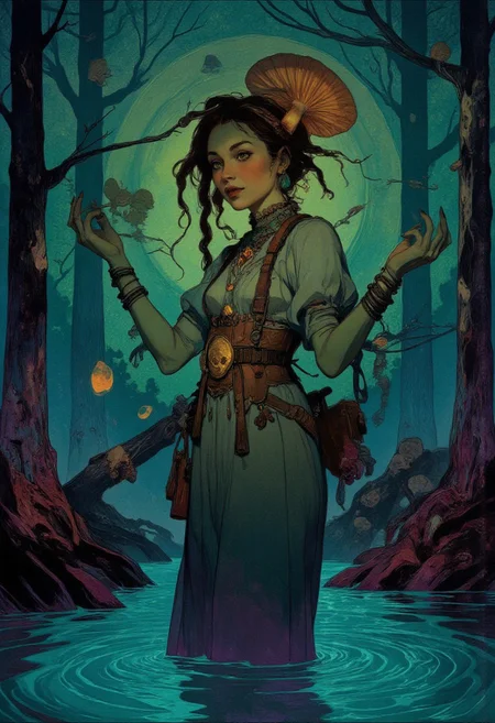 Bayou root witch, vines growing from her arms, glowing mushrooms in her dreadlocked hair, gator skull belt buckle, glowing bone charms suspended mid-air, standing on water with sacred ripples, spirits of trees whispering around her, palette of deep emerald, indigo, and ultraviolet, painterly texture, psychedelic folk mysticism, cinematic holy light
<lora:FLUX-daubrez-DB4RZ-v2:0.55> <lora:Sinfully_Stylish_.02_for_FLUX:0.35> <lora:dystopia:0.6>
Art by Gerald Brom, Anime art