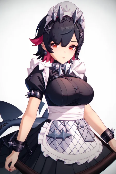 ZZZ_Style,<lora:ZZZ_Style_Pony:1> <lora:ZenlessZoneZeroPDXL:1>ellen joe, black hair, colored inner hair, multicolored hair, red eyes, red hair, short hair, two-tone hair, apron, black pantyhose, black shirt, black skirt, ear piercing, fins, fish tail, maid, maid apron, maid headdress, pantyhose, piercing, puffy short sleeves, puffy sleeves, shark girl, shark tail, shirt, short sleeves, skirt, tail, two-tone hair, wrist cuffs,large breast, Score_9, Score_8_up, Score_7_up, Score_6_up, Score_5_up, Score_4_up, BREAK,1girl in full growth, best quality, masterpiece, ultra-detailed, high quality,good quality,1 girl,(master piece,high resolution, ultra detailed,8K,16K),look at viewer