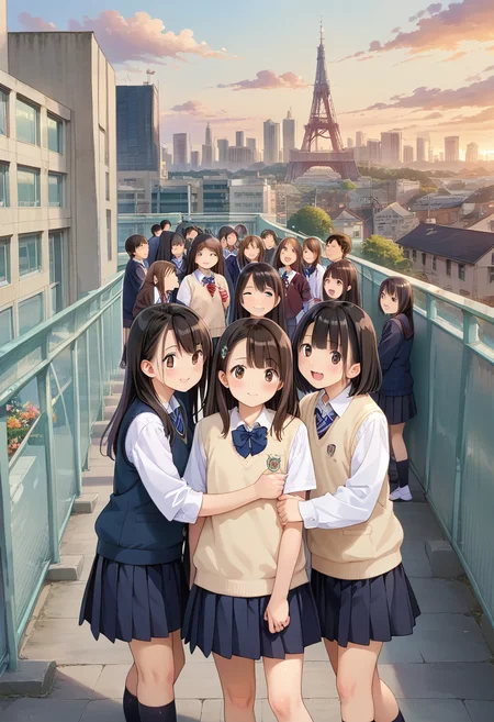 score_9, score_8_up, score_7_up, rating_safe, masterpiece, best quality, absurdres, unity 8k wallpaper, official art, official style, source_anime, uncensored, game cg, megami magazine,
okujyou, multiple girls, 6+girls, school uniform, multiple boys, real world location, 6+boys, outdoors, long hair, sky, skirt, brown hair, city, black hair, short hair, jacket, day, cityscape, sweater vest
<lora:gakkou_okujyo_PONY_V1:1>