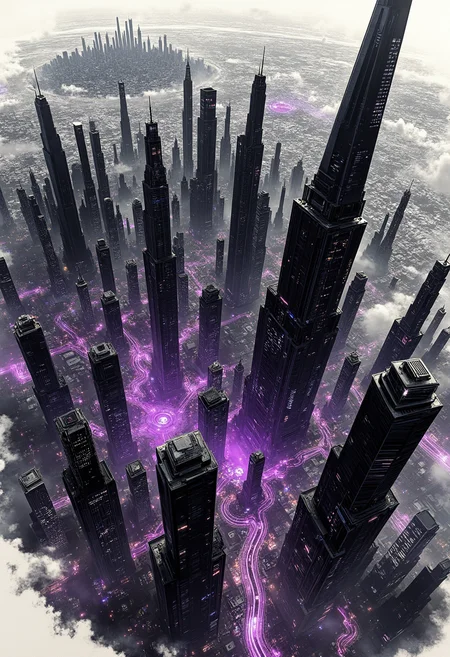 Imagine a scene where the viewer is positioned directly above a massive, futuristic cityscape, as if looking down from a high-altitude drone or satellite orbiting Earth. The city itself is a chaotic jumble of towering skyscrapers, neon lights, and holographic billboards that flicker with an almost hypnotic rhythm.The central element of the photo is a sprawling cyberpunk ink painting, rendered in deep blacks, grays, and vibrant purples. This painting occupies a large portion of the frame, taking up about two-thirds of the image. The ink lines are bold and intricate, forming a labyrinthine structure that seems to breathe with a life of its own.Within this intricate drawing, you can see glimpses of various cyberpunk elements: sleek androids with glowing eyes, sprawling data nets pulsating with digital energy, and towering skyscrapers with windows reflecting the neon glow below. The ink painting is not static; it appears as if it’s in motion, with swirling clouds of black ink that twist and turn, creating a sense of dynamic movement.The remaining third of the photo features the actual cityscape, seamlessly blending reality and fantasy. The buildings are a mix of futuristic architecture—some with smooth metallic surfaces reflecting the night sky, others with jagged edges and protruding mechanical limbs. In the distance, you can see a cluster of towering structures that seem to defy gravity, their tops lost in an ever-present haze of smog and electrical storms.The lighting in this photo is crucial for its impact. The city below glows with a soft, diffused light from neon signs and holograms, casting long shadows that create depth and texture within the ink painting. In contrast, the ink itself absorbs all light, giving it an almost glowing quality despite being black and dark.The angle of view emphasizes the vastness of both the real city and the cyberpunk artwork, creating a sense of wonder and awe. The viewer is left with a feeling of being on the cusp of another world, where technology and artifice merge into something surreal and beautiful. aidmaMJ6.1.