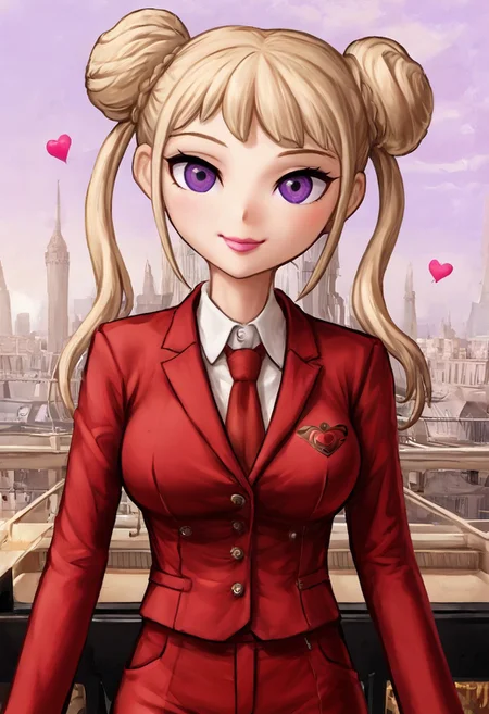 (score_9, score_8_up, score_7_up, score_6_up, score_5_up, score_4_up), 1girl, Karina, blonde hair, double bun hairstyle, purple eyes, large breasts, looking at viewer, glitter lips, smile, city, easynegative, red suit, red pants, red necktie, lovecore,Hearts,love letters,kiss marks,bouquets,cherubs,Red,pink,white,Valentine's Day, Playing piano front view