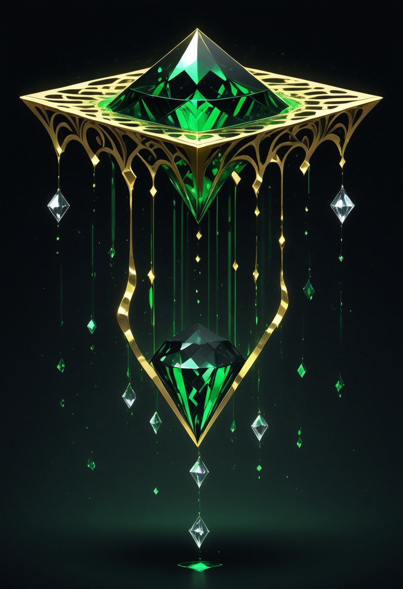 (masterpiece), best quality, Anime, (Floating Diamond, Melting, Dripping), Black Background, No Humans, Green and Black Theme, Gold Filigree, (Light Refraction), Symphtia-Style