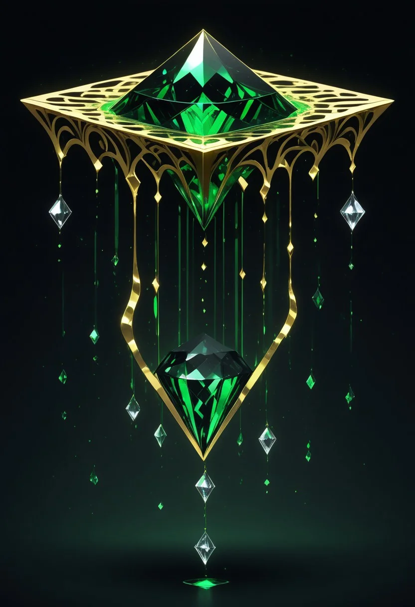 (masterpiece), best quality, Anime, (Floating Diamond, Melting, Dripping), Black Background, No Humans, Green and Black Theme, Gold Filigree, (Light Refraction), Symphtia-Style