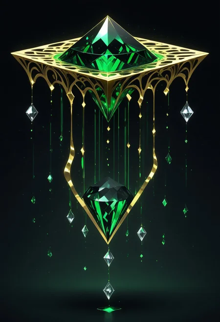 (masterpiece), best quality, Anime, (Floating Diamond, Melting, Dripping), Black Background, No Humans, Green and Black Theme, Gold Filigree, (Light Refraction), Symphtia-Style