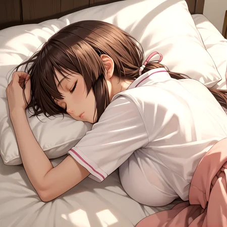 musubi, 1girl, ass, sleeping, solo, top-down bottom-up, from behind, on bed, pillows, sleeping,