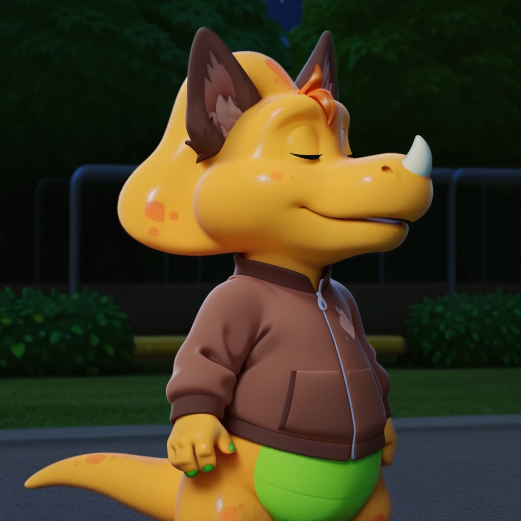 ((masterpiece, best quality, amazing quality,))  billybwil, semi-anthro, male, dinosaur, yellow skin, orange hair tuft, closed eyes, nose horn, wolf ears, brown jacket, outside, standing, solo, howling at moon