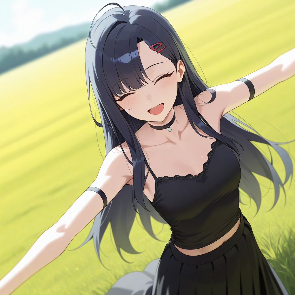 (best_quality, detailed, masterpiece, very_aesthetic, absurdres), general, zuharu, (modare:0.5), (sas \(ls08b\):0.7) 
BREAK
1girl, small breasts, upper_body, adult, dynamic angle, blurry background
BREAK
(ichika_(blue_archive):0.5), long_hair, smile, black hair, closed eyes, open_mouth, long skirt, camisole, grass field, spread arms, arm strap, collarbone, choker, hairclip, midriff peek