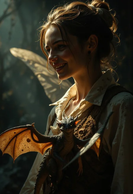 4qu4, UHD 32k fantasy movie still, film photography, cinematic, joyful beautiful women holding her cute winged baby dragon, evokes feeling of joy, close up portrait photo, fantasy world, Stunning visuals, Texture, beautiful face features, High Detail, Perfect Composition, in shadow with shafts of light, high contrast, silhouetted, chiascuro, MurphFSF, FSF-Real-Babes