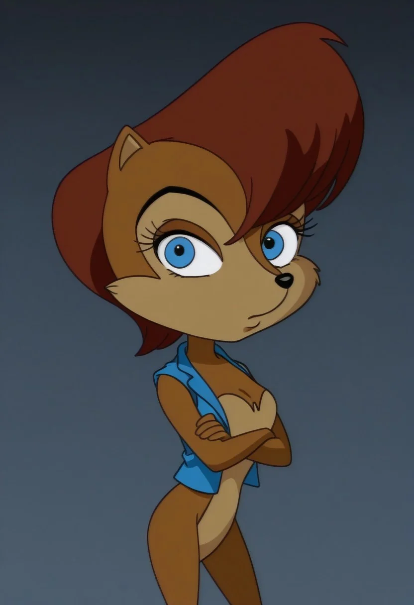 best quality, masterpiece, solo, sally acorn, sleeveless blue jacket, looking at viewer, standing, arms crossed, (chibi:0.5)