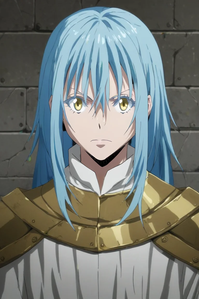 score_9, score_8_up, score_7_up, score_6_up, score_5_up, score_4_up, BREAK source_anime, (realistic:0.6), , upper body, , 1other, androgynous, solo, <lora:rimuru_tempest_pony:1>, rimuru_tempest, blue hair, yellow eyes, long hair, bangs, hair between eyes, , armory, , <lora:sdxl_lightning_8step_lora:1>