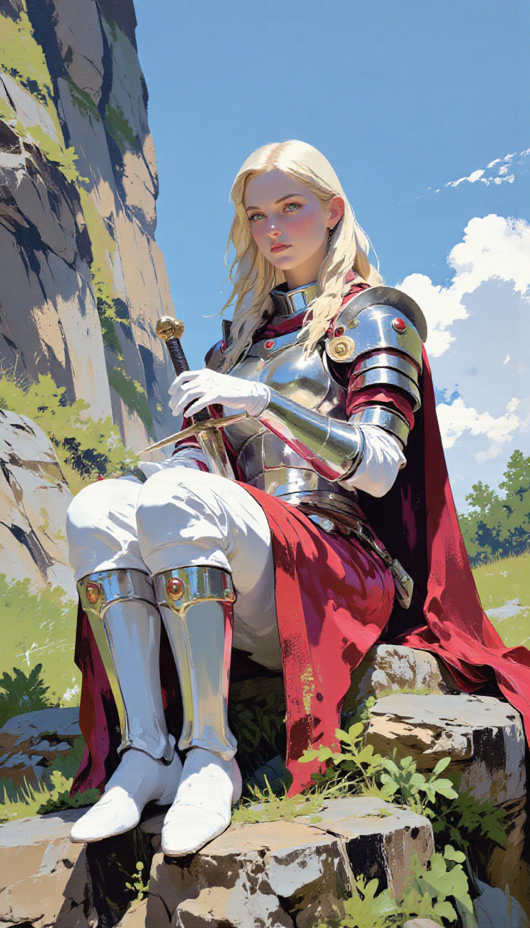 pscho_4rt,mythp0rt,very wide angle, put subject further away, small subject, A digital illustration shoot from a profile camera angle about a female character in armor sitting on a stone ledge, holding a sword. the image also shows lush greenery and a rocky cliff in the background. on the middle of the image, a 1woman, who appears to be in her early twenties, with light skin and long blonde hair, is sitting with her upper body facing the viewer. she has a serious expression and is wearing a silver armor with red accents, a red skirt, and white gloves. her sword is resting on her lap, and she is holding it with both hands. the lighting is soft and natural, casting gentle shadows on her body. the background features a clear blue sky with fluffy white clouds, and the overall atmosphere is peaceful and serene.  1girl, solo, long hair, breasts, looking at viewer, shirt, large breasts, skirt, gloves, holding, closed mouth, sitting, weapon, white gloves, outdoors, cowboy shot, day, cloud, sword, white skirt, holding weapon, armor, holding sword, shoulder armor, red skirt  camera_angle: profile, art_style: digital illustration, location: outdoor, background: rocky cliff with greenery, text: NA, distance_to_camera: upper body, clothing: silver armor, image_composition: middle, pants: white pants, accessory: sword, shoes: white socks, action: sitting with sword, facing_direction: facing viewer, eye_direction : NA, facial_expression: NA