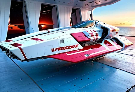 photograph, smooth, sleek, white and red (WipEout anti-gravity craft), (split-front:1.3), parked in a hangar, door open, tropical island, ocean, beach, blue sky, sunset, sharp, high detailed, realistic, scifi, futuristic, science fiction, sharp focus, masterpiece, best quality