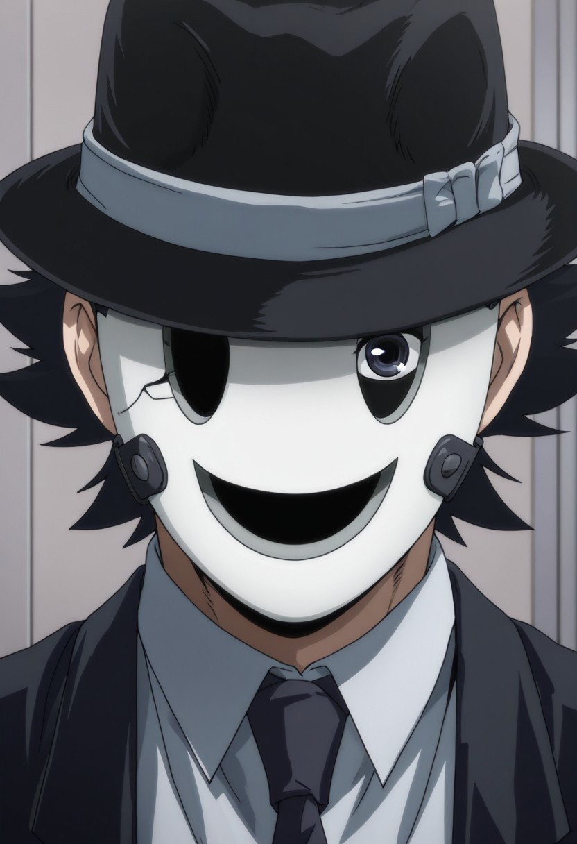 snprmsk, suit, necktie, fedora, happy mask, black hair, portrait, visible eye