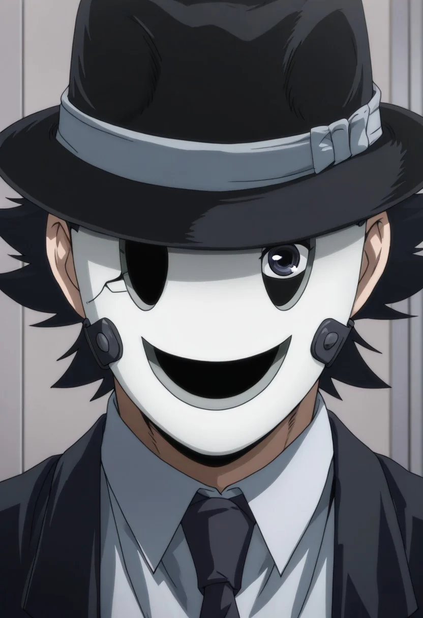 snprmsk, suit, necktie, fedora, happy mask, black hair, portrait, visible eye