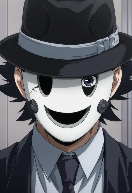 snprmsk, suit, necktie, fedora, happy mask, black hair, portrait, visible eye