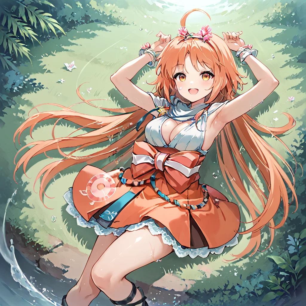 score_9, score_8_up, score_7_up, masterpiece, zPDXL2, 1girl, solo, source_anime, hibiki, orange hair, ahoge, orange eyes, long hair, age progression, miko outfit, white dress, orange skirt, hairband, orange skirt, cleavage, forest, outside, lying on back, on ground, smile, open mouth, arms up, good hands, looking at viewer, <lora:Hibiki_and_Chikagi_v2:0.7>