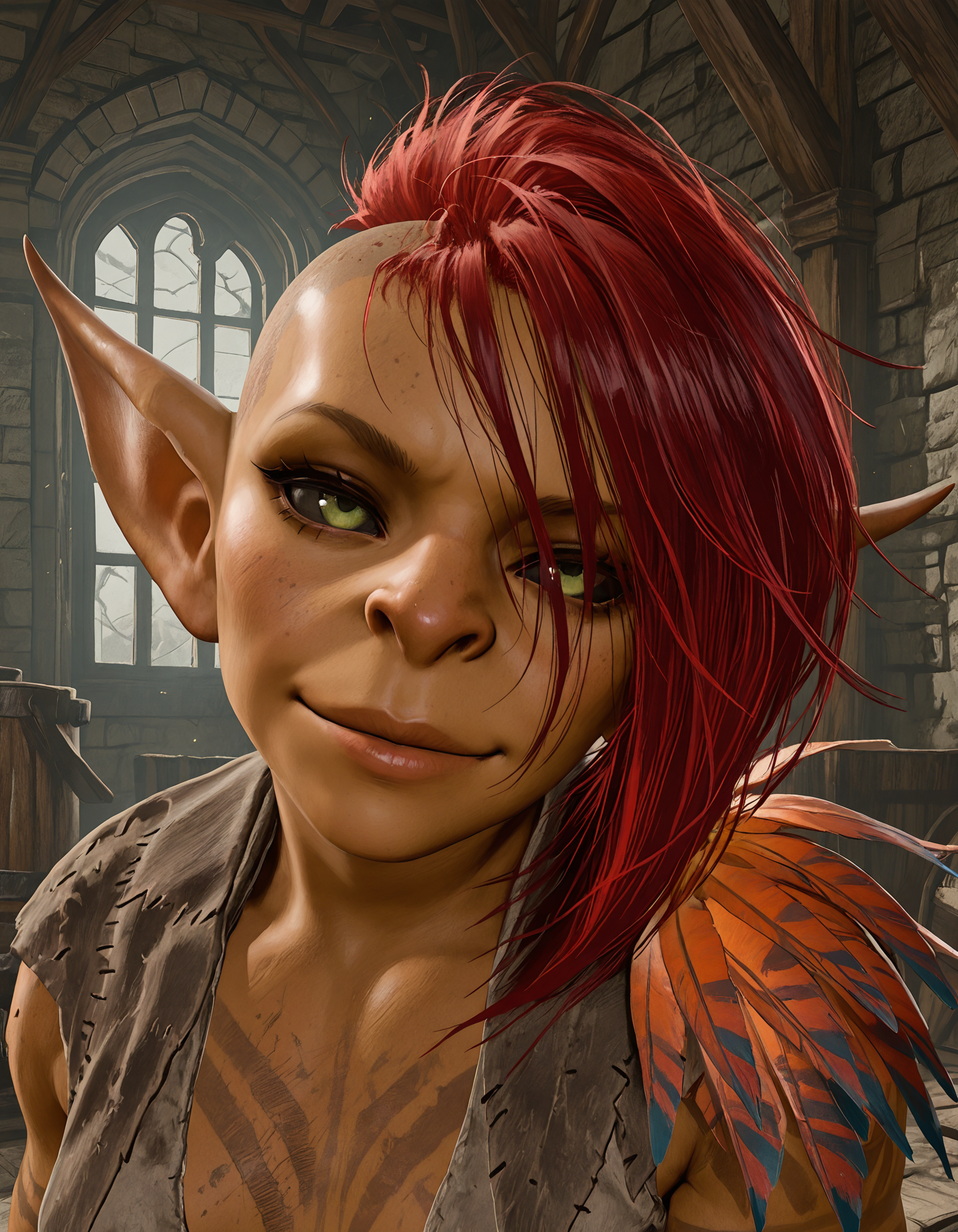masterpiece, best quality, amazing quality, very aesthetic, absurdres, newest, <lora:BG3_SazzaGT:0.70>, bg3sazza, indoors, volumetric lighting, realistic, 
1girl, female goblin, red hair, muscular female, patchwork clothes, nose, lips, (shortstack:1.2), short stature, black sclera, green eyes, hair over one eye, feathers on left shoulder, tattoos, shaved head, portrait, head tilt, light smile, smug, small breasts,