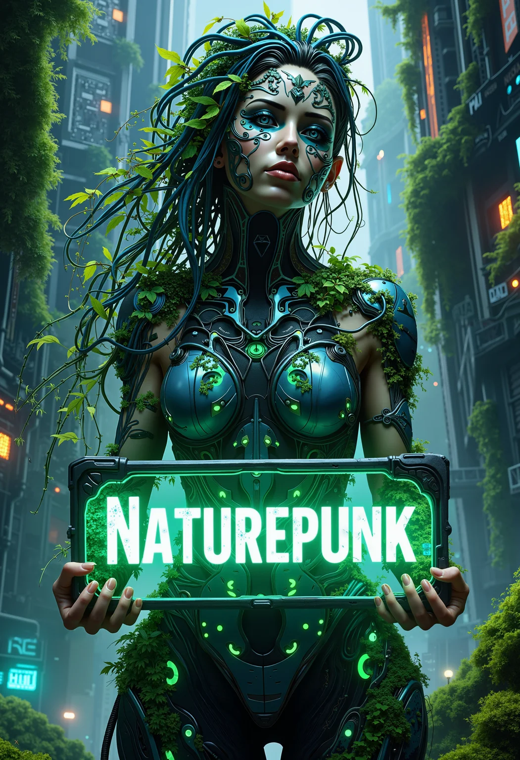 A detailed digital artwork titled"Naturepunk," featuring a woman in an intricate plant-cyberpunk style. Her body is adorned with bioluminescent vines, metallic leaves, and cybernetic tattoos that glow softly in shades of green and blue. Her hair flows like a cascade of neon-lit ivy, interwoven with delicate wires and tiny LEDs. She stands confidently in a misty, futuristic cityscape, holding a glowing sign that reads 'Naturepunk' in bold, stylized letters. Her outfit combines organic materials with sleek, high-tech elements, and patches of moss grow on her shoulders and arms, symbolizing the fusion of nature and technology. Behind her, towering buildings covered in creeping vines and flickering holograms fade into the twilight. bo-naturepunk, greenpunk, naturecyberpunk<lora:FLUX Naturepunk\bo-naturepunk-000012.safetensors:1.0:1.0>