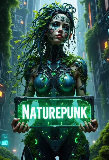 A detailed digital artwork titled"Naturepunk," featuring a woman in an intricate plant-cyberpunk style. Her body is adorned with bioluminescent vines, metallic leaves, and cybernetic tattoos that glow softly in shades of green and blue. Her hair flows like a cascade of neon-lit ivy, interwoven with delicate wires and tiny LEDs. She stands confidently in a misty, futuristic cityscape, holding a glowing sign that reads 'Naturepunk' in bold, stylized letters. Her outfit combines organic materials with sleek, high-tech elements, and patches of moss grow on her shoulders and arms, symbolizing the fusion of nature and technology. Behind her, towering buildings covered in creeping vines and flickering holograms fade into the twilight. bo-naturepunk, greenpunk, naturecyberpunk<lora:FLUX Naturepunk\bo-naturepunk-000012.safetensors:1.0:1.0>
