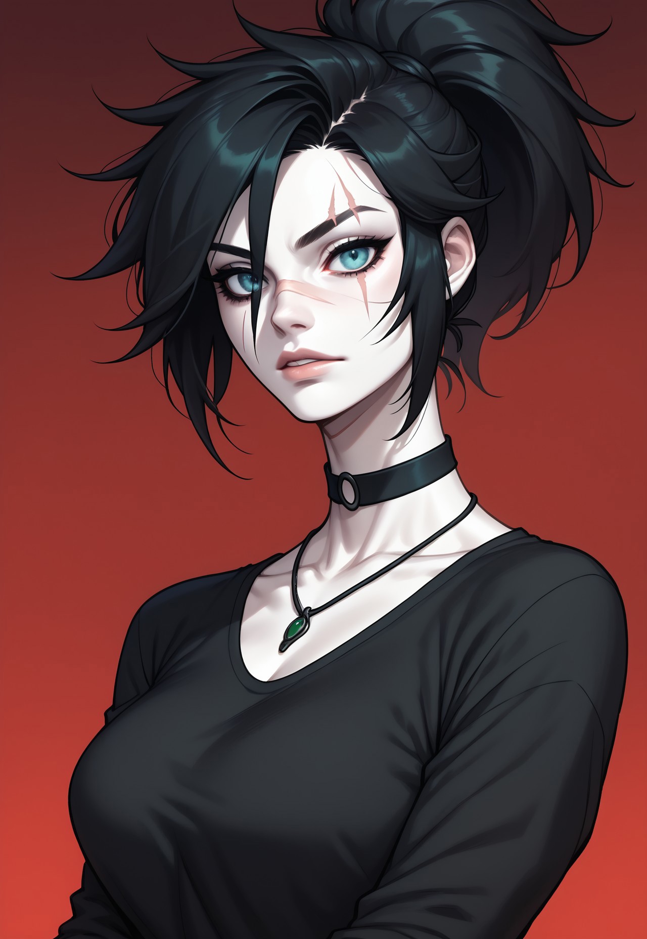 score_9, score_8_up, score_7_up, 1girl, solo, pale skin, black hair in a ponytail, (green|blue) eyes, black choker necklace, black shirt, scar over one eye, black and red gradient background