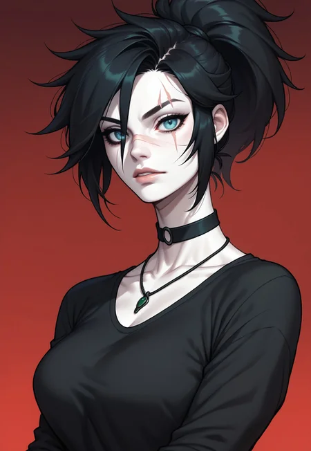 score_9, score_8_up, score_7_up, 1girl, solo, pale skin, black hair in a ponytail, (green|blue) eyes, black choker necklace, black shirt, scar over one eye, black and red gradient background