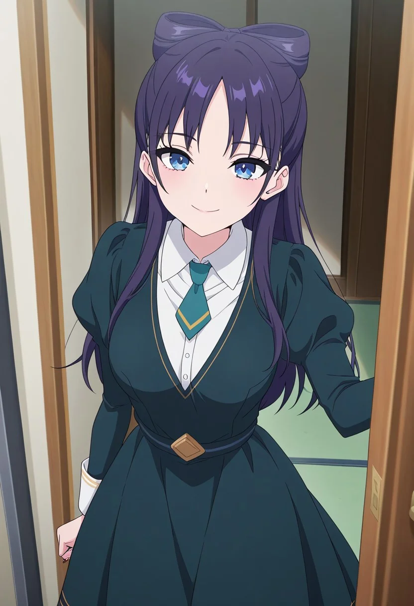 (absurdres, best quality, masterpiece:1.4), amazing quality, highres, newest, detailed, detailed body, detailed face, source anime, anime coloring, beautiful, 
BREAK
WWNemu, 1girl, solo, standing, smile, NemuAniHu, dark purple hair, bow-shaped hair, parted bangs, half updo, blue eyes,  v-neck dress, white inner collared shirt, Short necktie, juliet sleeves, long skirt
