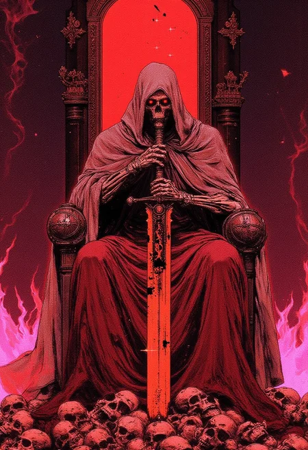 grng3,red and pink background, High King, A formidable skeletal lich sits proudly upon a throne crafted from the skulls of fallen warriors, its bones clattering with ancient power. The lich wears a tattered, bloodstained cloak, draped over its skeletal frame, and clutches a massive great sword, its handle glowing with an eerie, unholy light. The sword’s blade is stained with the remnants of battles long past, emanating dark, swirling magic. Its hollow eye sockets burn with an ominous crimson glow, as if to pierce the very soul of anyone who dares approach. The throne of skulls is set against a desolate, grunge-themed backdrop, with cracks in the stone walls and scattered bones littering the cold ground. Mist swirls around the lich, adding to the dark, otherworldly atmosphere. The room is dimly lit by flickering, ethereal flames, casting harsh shadows that accentuate the lich's menacing figure, creating a scene of dread and eternal dominance.