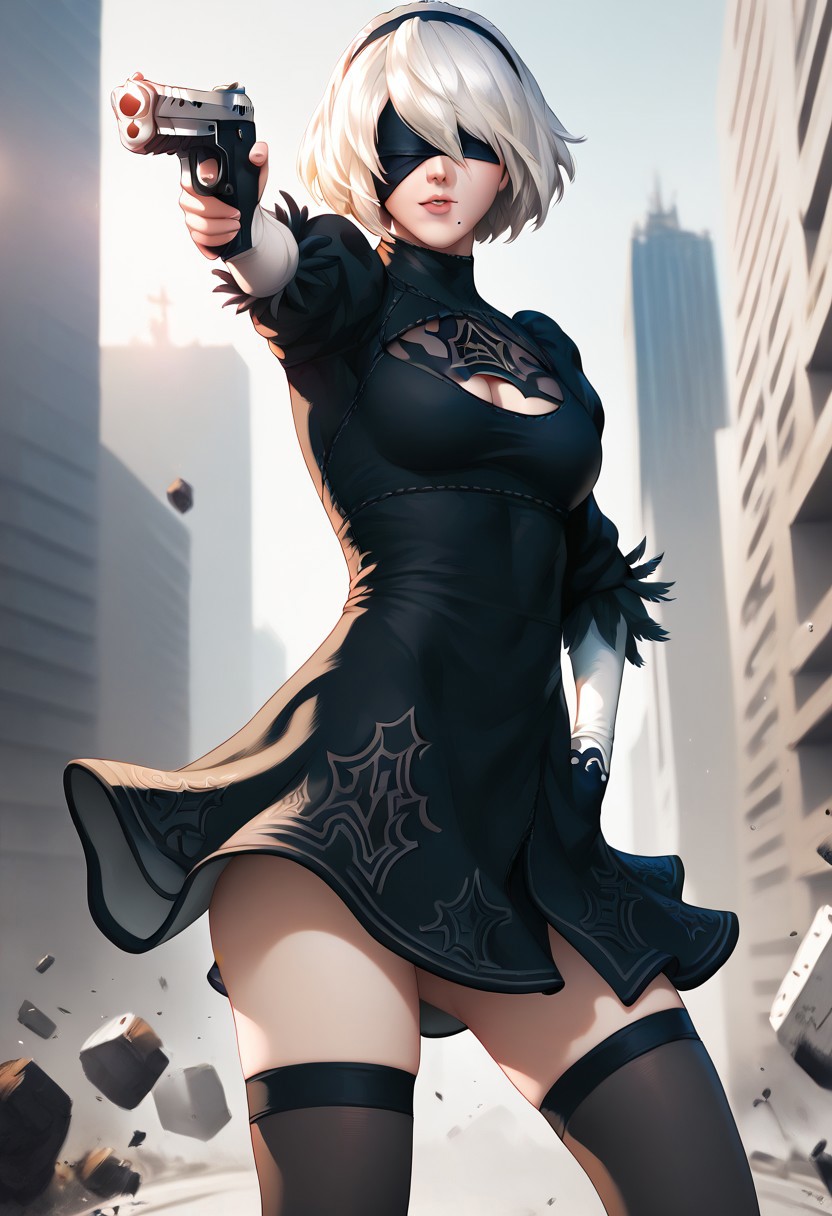 score_9, score_8_up, score_7_up, aesthetic, intricate details, 1girl,  <lora:stanley_lau-pony:1> stanley_lau_style, realistic, 2b_(nier:automata), nier_(series), 1girl, white_hair, covered eyes, cleavage cutout,  holding weapon, holding gun, handgun, hand in pocket, aiming, short hair, black dress, mole under mouth, looking at viewer, from below, nature, destruction, city, grey sky, black thighhighs,
