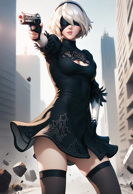 score_9, score_8_up, score_7_up, aesthetic, intricate details, 1girl,  <lora:stanley_lau-pony:1> stanley_lau_style, realistic, 2b_(nier:automata), nier_(series), 1girl, white_hair, covered eyes, cleavage cutout,  holding weapon, holding gun, handgun, hand in pocket, aiming, short hair, black dress, mole under mouth, looking at viewer, from below, nature, destruction, city, grey sky, black thighhighs,