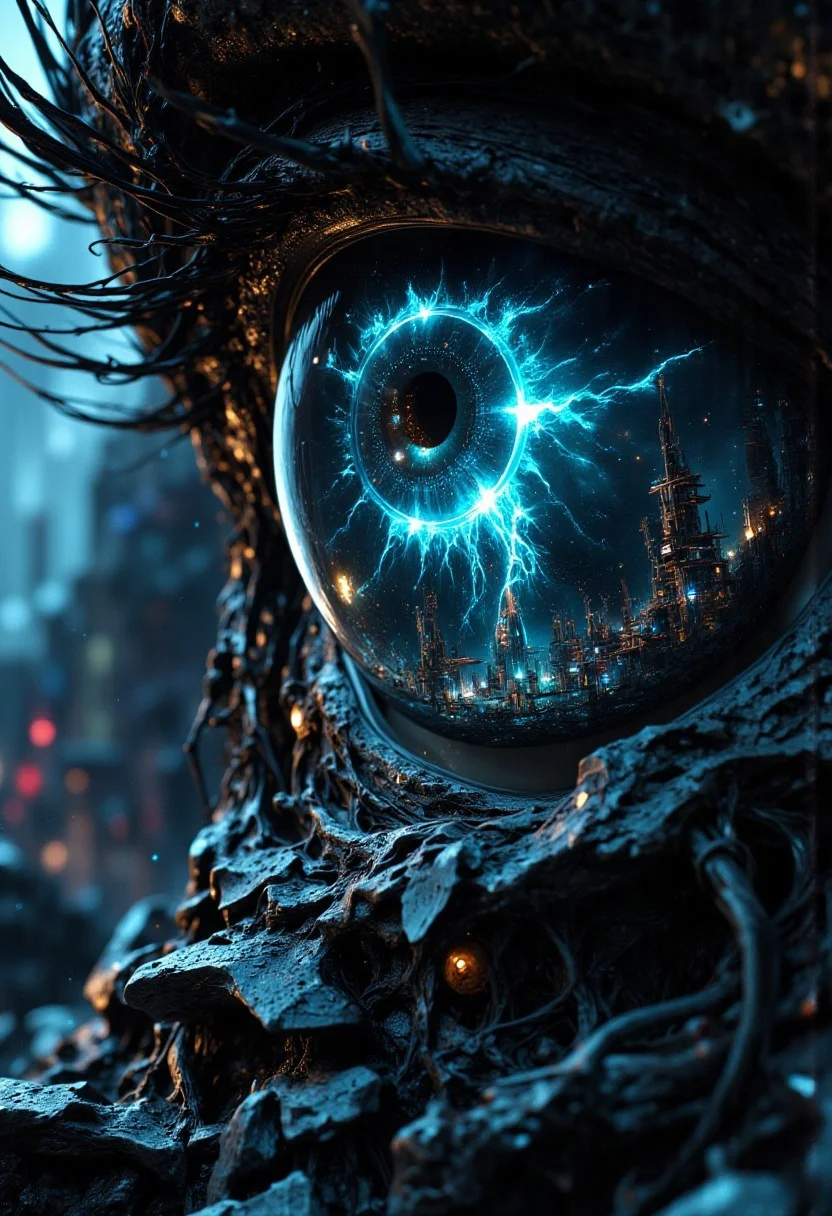 Create an image where the viewer is looking into a human eye. (man) In the eye's reflection, depict a futuristic and war-torn world. The landscape should be overrun with advanced AI technology, such as towering robots, autonomous drones, and dilapidated buildings covered in digital advertisements and holograms. The overall mood should be dark and dystopian, with a cold, metallic color palette and hints of destruction. The eye itself should appear a nuclear explosion but with a hint of artificial enhancement, like a glowing cybernetic iris