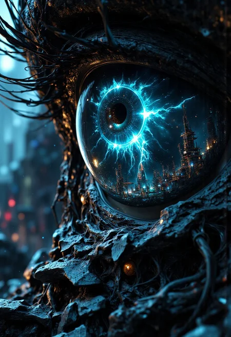 Create an image where the viewer is looking into a human eye. (man) In the eye's reflection, depict a futuristic and war-torn world. The landscape should be overrun with advanced AI technology, such as towering robots, autonomous drones, and dilapidated buildings covered in digital advertisements and holograms. The overall mood should be dark and dystopian, with a cold, metallic color palette and hints of destruction. The eye itself should appear a nuclear explosion but with a hint of artificial enhancement, like a glowing cybernetic iris