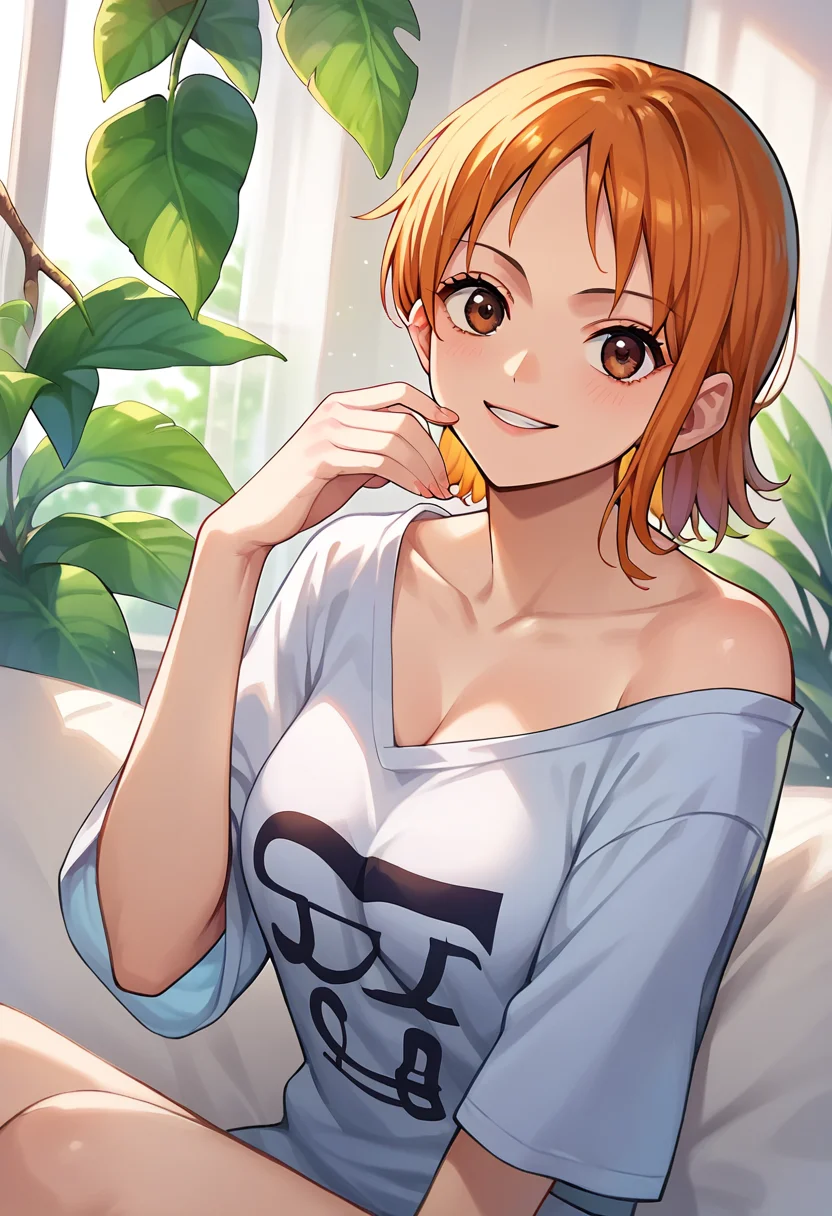 score_9, score_8_up, score_7_up, score_6_up, score_5_up, score_4_up, namiskypiea, oversized shirt, orange hair, brown eyes, looking at viewer, <lora:NamiSkypiea_v3_1:1>