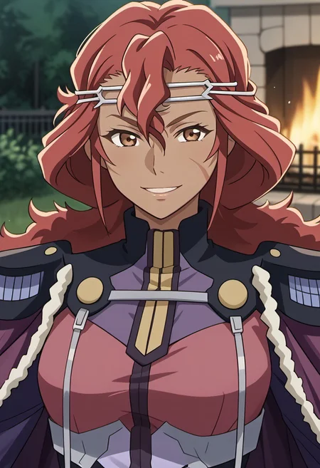 score_9, score_8_up, score_7_up, source_anime, red hair, long hair, brown eyes, dark-skinned female, scar on face, hair ornament, cape, epaulettes, purple jacket,, 1girl, solo, smile, outdoors, looking at viewer, upper body, bedroom, cozy,black lace nightgown, comfy, dim light, fireplace