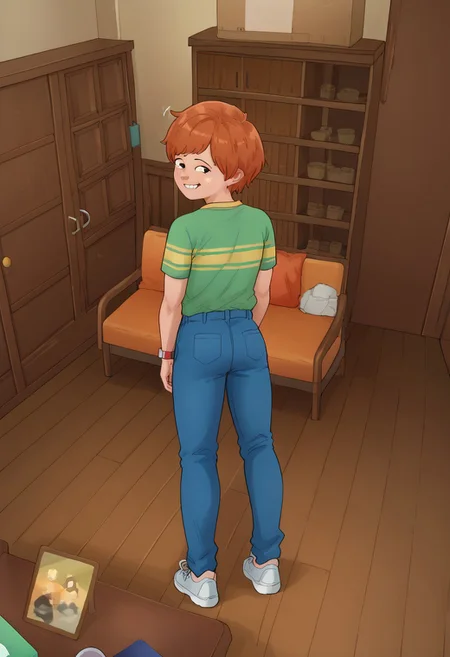 KamonStyle, anime-inspired art, vibrant and clean color palette, smooth shading, clean linework, detailed linework, isometric or dynamic perspective, expressive characters, attention to environmental details, storytelling-focused composition, full body of characters visible,
score_9, score_8_up, score_7_up, highly detailed, cute boy, 1boy, solo, Bill_Murphy, Ginger Hair, Freckles, Striped Green Shirt, Blue Pants, Sneakers, shy smile, from behind, looking back,