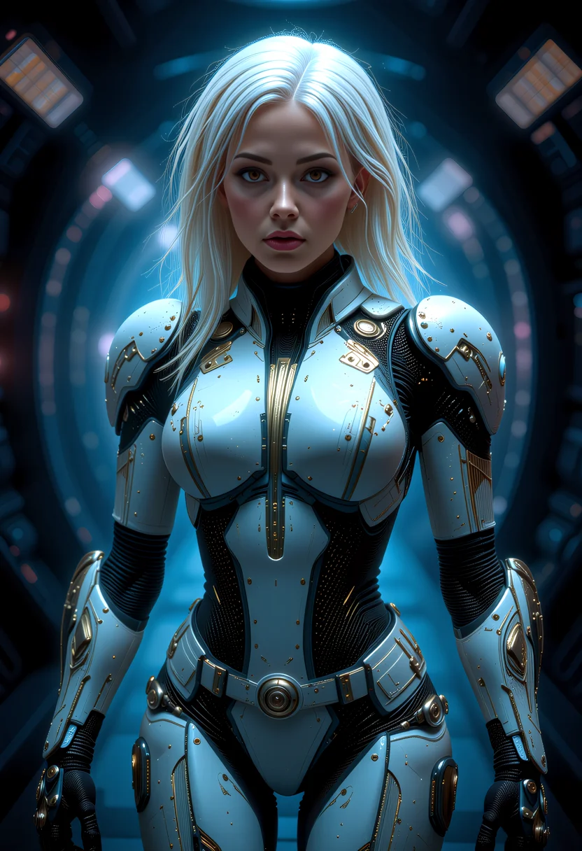 Inside a space station, where a futuristic woman, with white hair and extremely detailed golden eyes, strides with purpose. Her half-body shot reveals a white and gold power armor multilayered tactical cybernetic armor, intricately designed, enhancing her slender figure. The armor's high neckline and long sleeves complement her loose, wavy hair cascading down her back. She has mechanical_arms and cybernetic implants. With a serious expression, she looks off to the side, her gaze focused and determined. The cold neon light reflects off her armor, creating a retro cyberpunk atmosphere. This dynamic composition, with its off-center framing and close-up detail, captures the essence of a futuristic warrior, leaving viewers enthralled by the fusion of technology, fashion, and the mysteries of the space station's dark corridors. <lora:RM_MechArmor_v0.9M.safetensors:0.5>, MechArmor, heavy mech, <lora:RM_Robotify_v0.7M.safetensors:0.5>, <lora:art and styles/MysticFantasy.safetensors:1.0>, <lora:flux/flux_realism_lora.safetensors:1.0>,