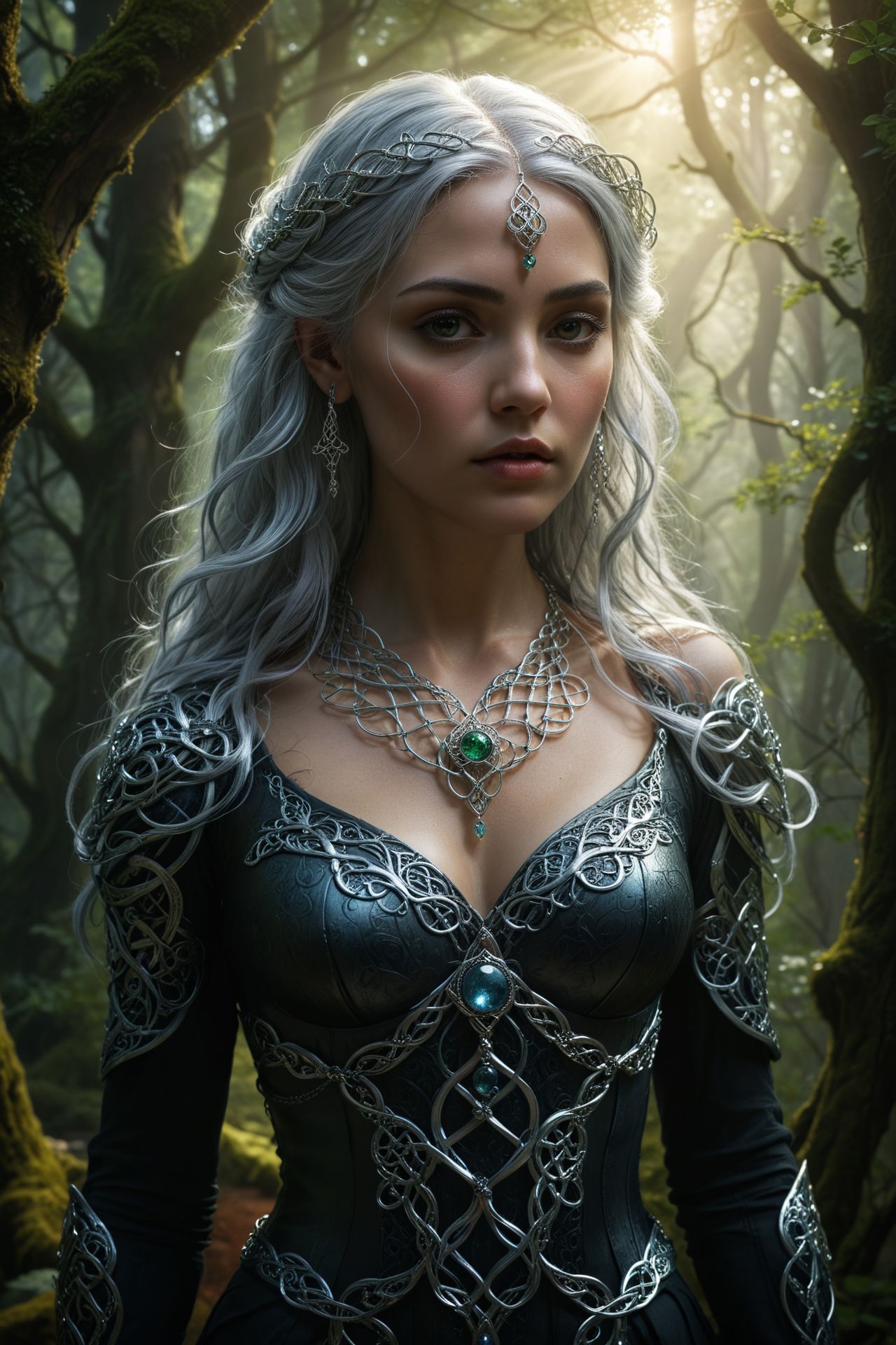 A woman with flowing silver hair, adorned with intricate Celtic jewelry, standing in a mystical forest, fantasy illustration, ethereal lighting, intricate details, romanticism. 
(masterpiece, award winning artwork)
many details, extreme detailed, full of details,
Wide range of colors, high Dynamic
 <lora:add-detail-xl:1> 
<lora:WildcardX-XL-Detail-Enhancer:0.9>
 <lora:zavy-cntrst-sdxl:0.245> dark, chiaroscuro, low-key 
<lora:RMSDXL_Creative:0.24> 
<lora:dvr-lnds-sdxl:0.22> dvr-lnds-sdxl