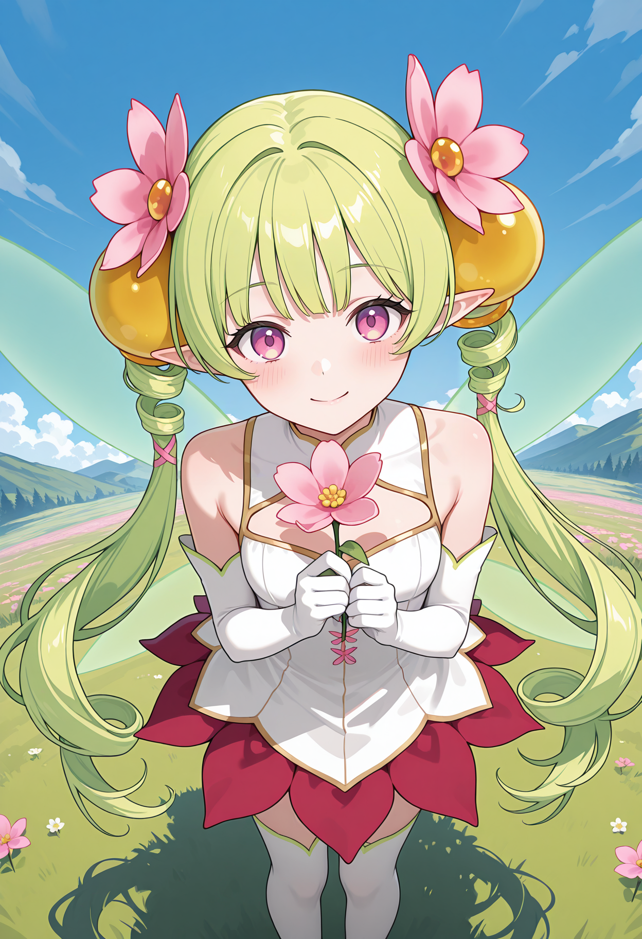 highres, best quality, masterpiece, outdoors, 
1girl, solo, pcrdfio, very long hair, green hair, twintails, drill hair, hair ornament, hair flower, pink flower, purple eyes, pink eyes, fairy, fairy wings,
white dress, sleeveless dress, clothing cutout, red skirt, white gloves, elbow gloves, white thighhighs,
looking at viewer, blush, smile,
holding flower, from above, floating, blue sky,
<lora:_fio_pcr-elesico-ilxlB-000013:1>